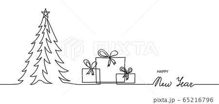 Minimal Happy New Year web banner, background. One, continuous line drawing New Year simple banner with christmas tree and presents,gifts,boxes Minimal Happy New Year web banner, background. One, continuous line drawing New Year simple banner with christmas tree and presents,gifts,boxes 65216796