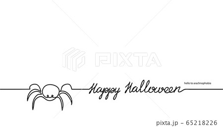 Spider, tarantula vector banner.Happy Halloween lettering. One continuous line drawing of spider for background, banner, illustration. Black and white simple greeting 65218226