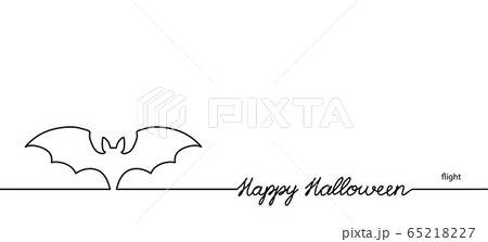 Bat vector illustration with lettering Happy Halloween. One continuous line drawing background, banner, illustration. Black and white Halloween flying bat 65218227