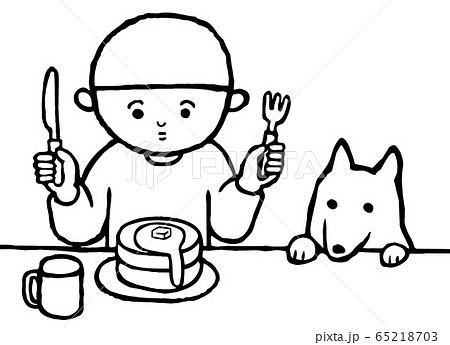 ホットケーキ パンケーキ を食べる少年と犬 モノクロ のイラスト素材 65218703 Pixta