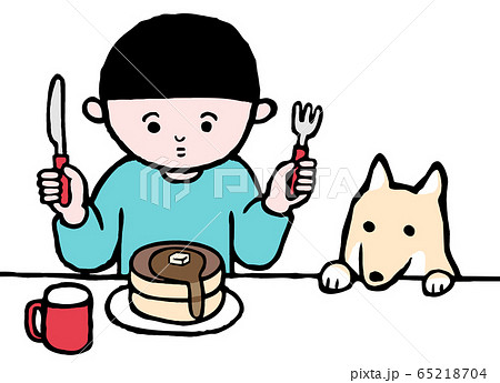 ホットケーキ パンケーキ を食べる少年と犬 カラー のイラスト素材
