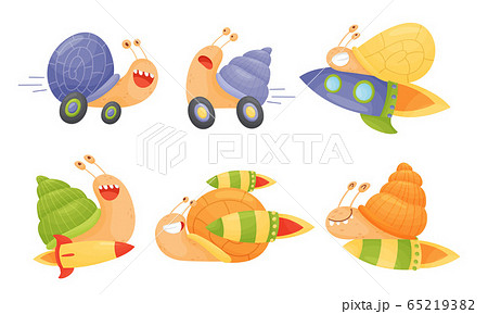 Fast Snails Vector Set. Funny Cartoon Mollusk Characters with Turbo Rocket Boosters 65219382