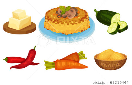 Baked Vegetable Pie with Mushrooms and Ingredients Around Vector Set Baked Vegetable Pie with Mushrooms and Ingredients Around Vector Set 65219444