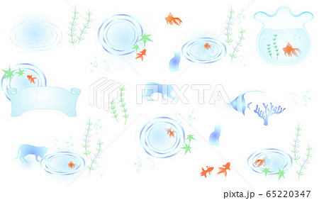 水彩風夏の金魚と水草と猫と波紋のイラストセットのイラスト素材