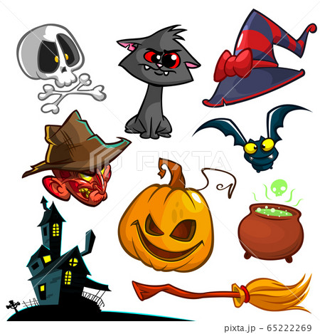 Cartoon set of Halloween symbols. Witch cat, pumpkin head, skull, witch hat, poisonpot, broomstick, and haunted house. Vector illustration Cartoon set of Halloween symbols. Witch cat, pumpkin head, skull, witch hat, poisonpot, broomstick, and haunted house. Vector illustration 65222269