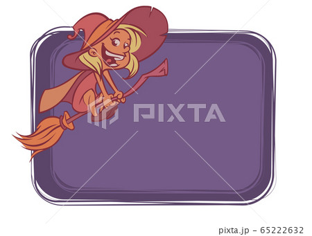 Halloween background with cute witch flying on her broom on a full moon night. Vector illustration 65222632