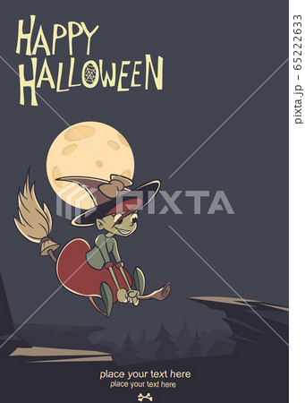 Halloween background with cute witch flying on her broom on a full moon night. Vector illustration 65222633
