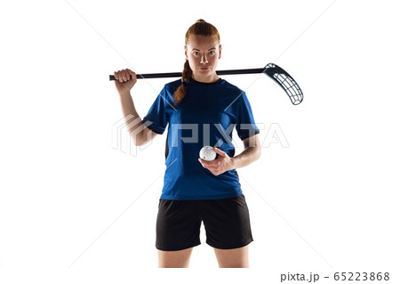 Floorball female player isolated on white studio background, action and motion concept 65223868