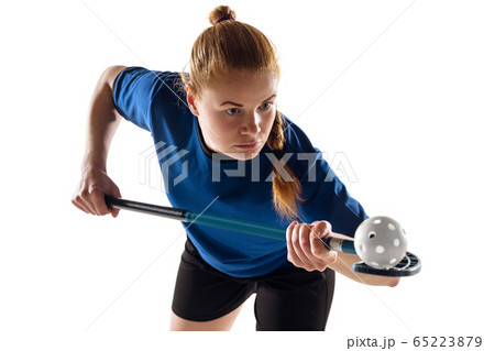 Floorball female player isolated on white studio background, action and motion concept Floorball female player isolated on white studio background, action and motion concept 65223879