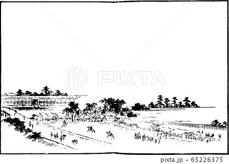 コピースペース付きはがき絵 街道と厩のイラスト素材