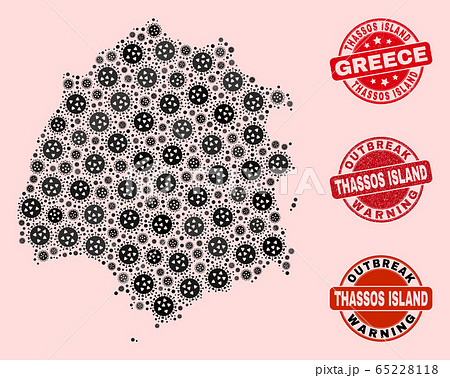 Flu Virus Collage of Mosaic Thassos Island Map and Distress Seals 65228118