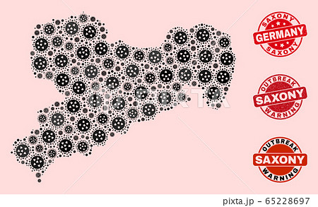 Covid Lockdown Composition of Mosaic Saxony Land Map and Textured Seal Stamps 65228697