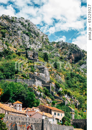 Kotor fortress with mountains in Montenegro 65229327