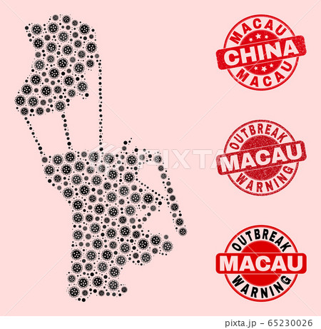 Covid Lockdown Collage of Mosaic Macau Map and Textured Stamps Covid Lockdown Collage of Mosaic Macau Map and Textured Stamps 65230026