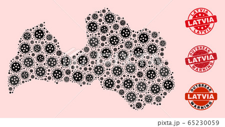 Covid Lockdown Composition of Mosaic Latvia Map and Scratched Stamps 65230059