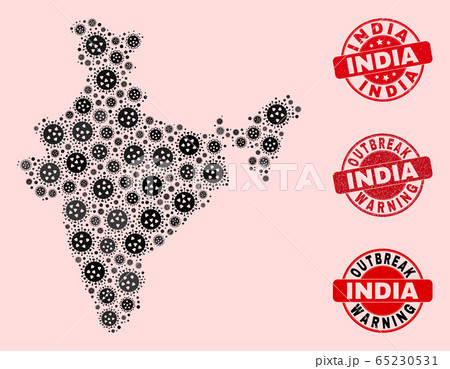 Flu Virus Collage of Mosaic India Map and Grunge Seal Stamps 65230531