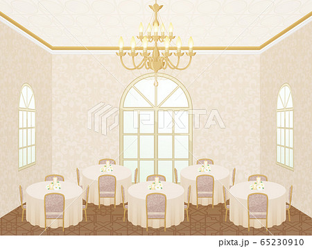 円卓 宴会場 ホテル アーチ窓 シャンデリア 背景イラストのイラスト素材