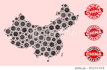 Flu Virus Collage of Mosaic China Map and Scratched Stamps 65231329