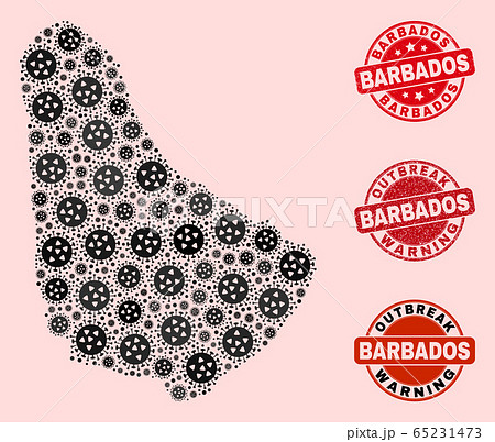 Virus Collage of Mosaic Barbados Map and Distress Stamps 65231473