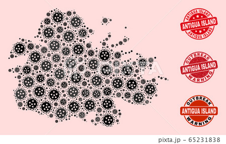 Virus Collage of Mosaic Antigua Island Map and Scratched Seals 65231838