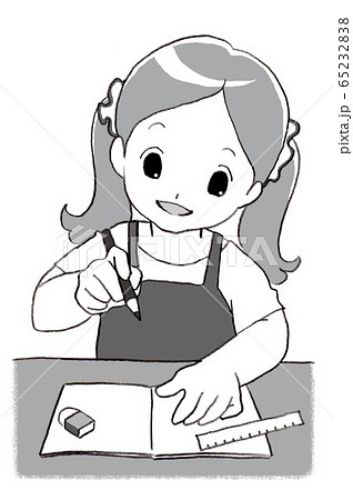 勉強する女の子 モノクロ のイラスト素材