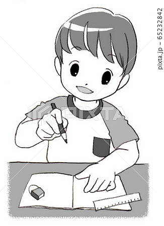 勉強する男の子 モノクロ のイラスト素材