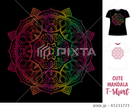 Dark women T-shirt with cute colorfull mandala. Mockup. Vector illustration on isolated background. Visualisation on t-short layout. 65233725