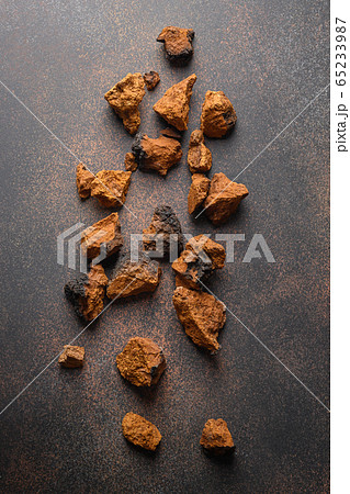 Chaga birch edible Mushrooms on brown. Trendy 65233987