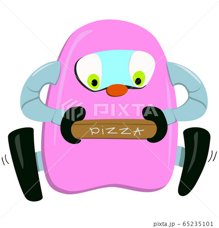 Robot delivers a pizza box. Cute robot character illustration of automatic delivery service. Robotic delivery service, modern service by ai. Smart robot technology funny vector illustration 65235101