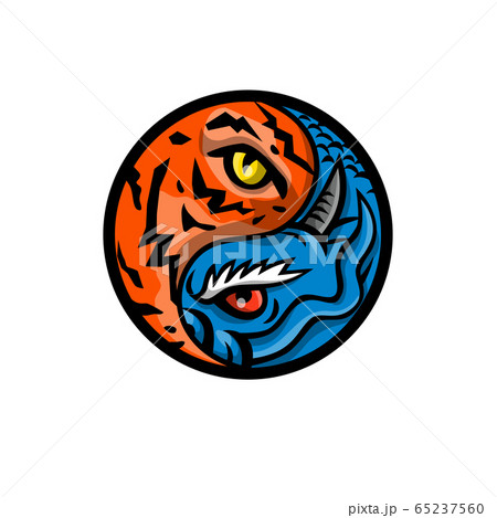 Dragon and Tiger Eye inside Yin Yang Symbol Mascot 65237560