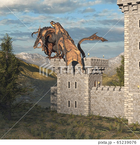 Fantasy dragon and medieval tower 3d illustration 65239076