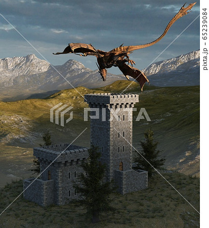 Fantasy dragon and medieval tower 3d illustration 65239084