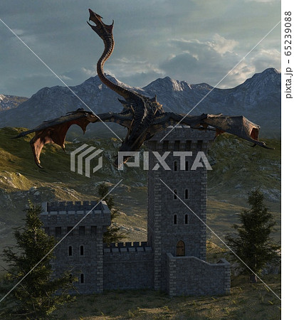 Fantasy dragon and medieval tower 3d illustration 65239088