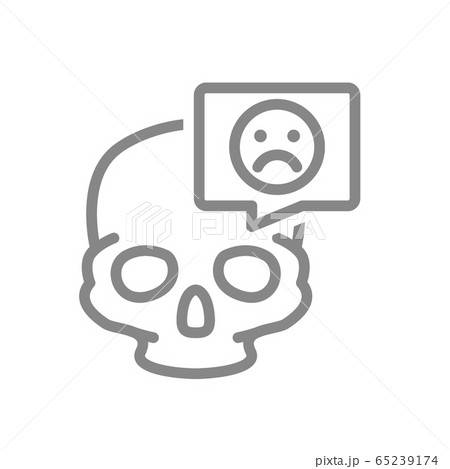 Skull with sad face in speech bubble line icon. Bone structure of the head, cranium symbol 65239174