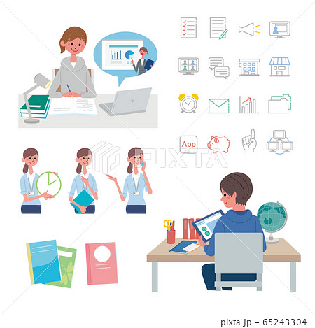 タブレットで勉強をする子ども オンライン授業 オンライン学習 イラスト セットのイラスト素材