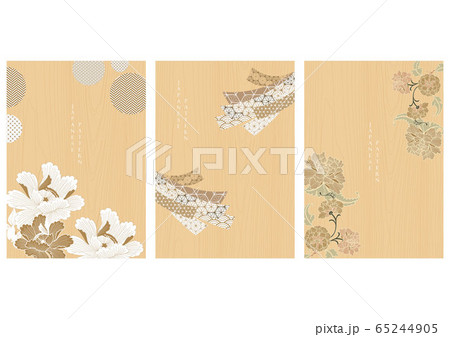 Japanese background with Peony flower decoration vector.Ribbon and geometric pattern. Wooden template. 65244905