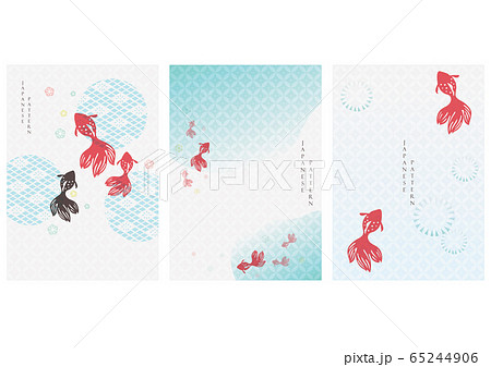 Japanese background with gold fish vector. Asian pattern with icon elements. Water and river template in vintage style. 65244906