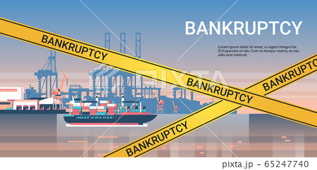 industrial sea port with yellow bankruptcy tape coronavirus pandemic quarantine covid-19 concept 65247740
