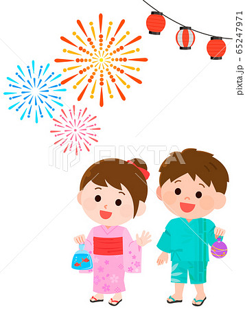 夏祭り 花火を見上げる男の子 女の子 イラストのイラスト素材