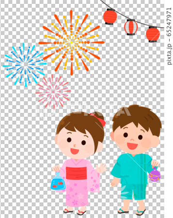 夏祭り 花火を見上げる男の子 女の子 イラストのイラスト素材