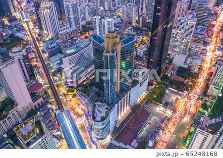 Aerial view of Asoke intersection and sky train station in Bangkok Thailand Aerial view of Asoke intersection and sky train station in Bangkok Thailand 65248168
