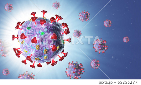 3d render of pathogenic virus organism or bacteria infecting and causing disease. Close up from microscope of coronavirus. 65255277