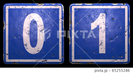 Set of public road sign in blue color with a white numbers 0 and 1 in the center isolated black background. 3d Set of public road sign in blue color with a white numbers 0 and 1 in the center isolated black background. 3d 65255286
