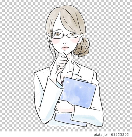 困り顔の白衣メガネの女性 困り顔の白衣メガネの女性 65255295