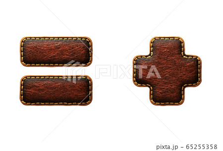 Set of symbols equals and plus made of leather. 3D render font with skin texture isolated on white background. 65255358
