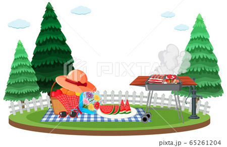 Scene with BBQ grill and picnic basket in the Scene with BBQ grill and picnic basket in the 65261204