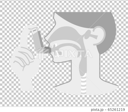 Illustration of a person who breathes in asthma inhalants (sartanol, chart, no arrows, black and white) 65261219
