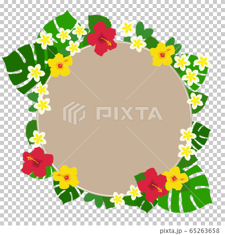 赤と黄色のハイビスカスとモンステラとプルメリアの円形の茶色背景フレームのイラスト素材 65263658 Pixta