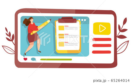 Online business lesson vector. Distance education and online learning. Vconcept of webinar presentation. Streaming and Broadcasting. Live translation. Video tutorial of businesswoman. Quarantine. 65264014