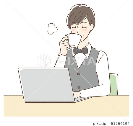 パソコンの前でコーヒーを飲む男性のイラスト素材